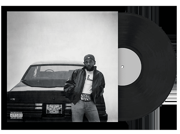 Pochette d'album avec un homme debout à côté d'une voiture. Un disque vinyle est à droite de la pochette.