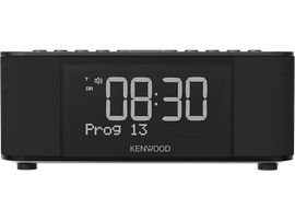 Réveil radio numérique Kenwood noir. Il affiche l