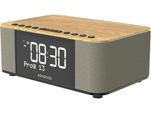Charger l&#39;image dans la galerie, Radio-réveil Kenwood à dessus en bois. Grand affichage numérique indique l&#39;heure.
