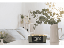 Charger l&#39;image dans la galerie, Horloge numérique sur une table avec plante et décorations. Pièce lumineuse.
