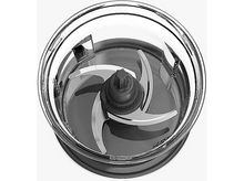 Charger l&#39;image dans la galerie, Un bol transparent de robot culinaire avec un mécanisme à trois lames à l&#39;intérieur.
