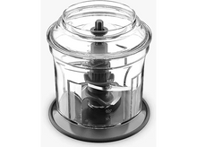 Charger l&#39;image dans la galerie, Un hachoir alimentaire avec un bol transparent et des lames. Le hachoir est sur une base grise.
