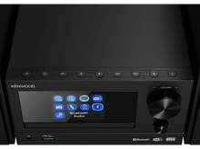 Charger l&#39;image dans la galerie, Un système stéréo Kenwood noir avec un affichage numérique, des boutons et un bouton de volume, sur fond blanc.

