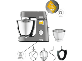 Appareil de cuisine avec bol, accessoires et affichage numérique. Inclut une balance. Couleur grise.