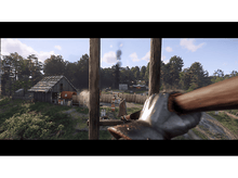 Charger l&#39;image dans la galerie, Vue à la première personne d&#39;une personne tenant une hache, surplombant une scène rurale.

