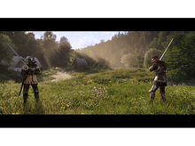 Charger l&#39;image dans la galerie, Deux chevaliers se battant à l&#39;épée dans un champ herbeux avec une forêt en arrière-plan.
