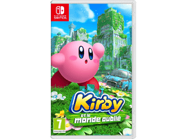 Illustration de la boîte de jeu Kirby. Kirby rose, une ville envahie, une voiture bleue sur un champ.