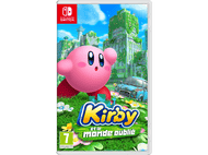 Illustration de la boîte de jeu Kirby. Kirby rose, une ville envahie, une voiture bleue sur un champ.