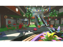 Charger l&#39;image dans la galerie, Une scène de jeu vidéo stylisée et colorée avec des personnages, des escalators et des plantes dans un centre commercial.
