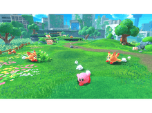 Charger l&#39;image dans la galerie, Une scène de jeu vidéo avec Kirby, Waddle Dees, de l&#39;herbe verte, des arbres et un fond de ciel.
