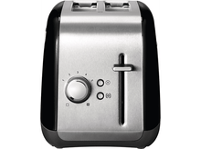 Charger l&#39;image dans la galerie, Un grille-pain noir et argenté avec des réglages de brunissage et un levier pour abaisser le pain.
