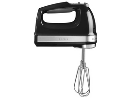 Mixeur plongeant KitchenAid noir avec des accents argentés et une étiquette à 9 vitesses. Isolé sur fond blanc.