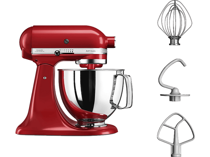 Robot culinaire KitchenAid rouge avec accessoires. Comprend un fouet, un crochet pétrisseur et un batteur.