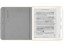 Charger l&#39;image dans la galerie, Une liseuse avec un étui ouvert, affichant du texte à l&#39;écran. Fond : table blanche.
