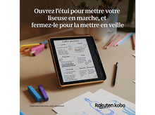 Charger l&#39;image dans la galerie, Liseuse avec un emploi du temps hebdomadaire sur son écran. Texte : &#39;Ouvrez l&#39;étui pour démarrer, fermez-le pour dormir&#39;.
