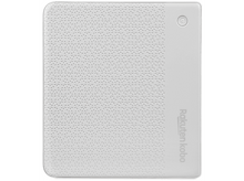 Charger l&#39;image dans la galerie, Liseuse Rakuten Kobo blanche, vue de dessus, avec un bouton d&#39;alimentation sur le côté droit. Surface texturée.
