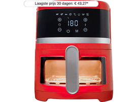 Friteuse à air rouge avec affichage numérique indiquant les réglages.