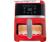 Friteuse à air rouge avec affichage numérique indiquant les réglages.