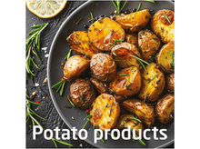 Charger l&#39;image dans la galerie, Vue aérienne de pommes de terre rôties sur une assiette sombre, avec des brins de romarin et le texte &#39;Produits de pomme de terre&#39;.
