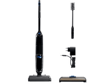 Charger l&#39;image dans la galerie, Aspirateur sans fil noir avec accessoires, dont une brosse et un chargeur.
