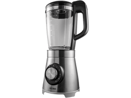 Mixeur avec bocal en verre et base en acier inoxydable. Bouton avec des chiffres sur le devant.