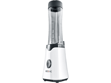 Blender Koenic blanc et gris. Il possède un récipient haut, transparent et un bouton.