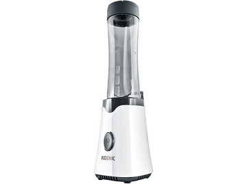 Blender Koenic blanc et gris. Il possède un récipient haut, transparent et un bouton.