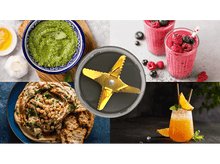 Charger l&#39;image dans la galerie, Divers plats, dont du pesto, des smoothies, du houmous et un cocktail.
