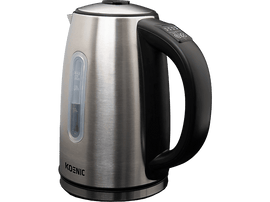 Bouilloire électrique argentée avec poignée noire. Indicateur de niveau d