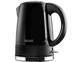 Bouilloire électrique noire avec base argentée. Possède une poignée et un interrupteur.