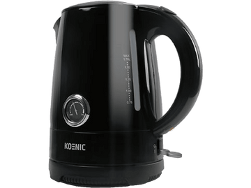 Bouilloire électrique Koenic noire avec jauge, indicateur de niveau d'eau et poignée.