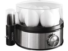 Charger l&#39;image dans la galerie, Cuiseur à œufs avec des œufs à l&#39;intérieur, avec un design noir et argent.
