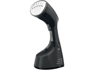 Vapeur de main noir. Design incliné avec une tête de vapeur argentée. Fond noir.