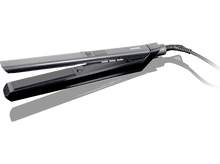 Charger l&#39;image dans la galerie, Lisseur de cheveux noir. Affichage numérique et commandes de température. Fond noir avec reflet.

