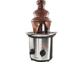 Fontaine à chocolat argentée avec du chocolat qui coule. Elle a deux boutons et une lumière rouge.