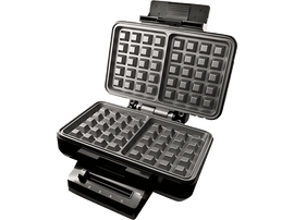 Gaufrier noir, ouvert. Intérieur avec moules à gaufres. Le cadran de contrôle affiche le réglage 2.5. Surface noire.