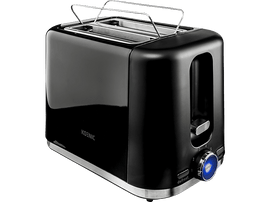 Un grille-pain noir Koenic à deux fentes. Il a un dessus chromé et un panneau de commande avec des réglages et un bouton.