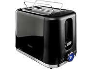 Un grille-pain noir Koenic à deux fentes. Il a un dessus chromé et un panneau de commande avec des réglages et un bouton.