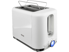 Un grille-pain blanc avec une lumière bleue et un dessus chromé, se reflétant sur une surface blanche.
