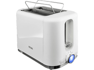 Un grille-pain blanc avec une lumière bleue et un dessus chromé, se reflétant sur une surface blanche.