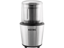 Charger l&#39;image dans la galerie, Moulin à café en métal argenté et acier inoxydable. Un couvercle transparent est sur le dessus. La marque est KOENIC.
