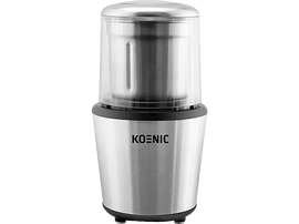 Moulin à café en métal argenté et acier inoxydable. Un couvercle transparent est sur le dessus. La marque est KOENIC.