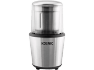 Moulin à café en métal argenté et acier inoxydable. Un couvercle transparent est sur le dessus. La marque est KOENIC.