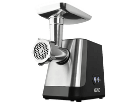 Un hachoir à viande en acier inoxydable, base noire, dessus argenté. KOENIC.