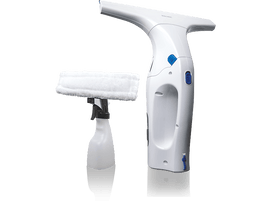 Un ensemble de nettoyant pour vitres blanc avec un récureur et un vaporisateur.