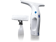 Un ensemble de nettoyant pour vitres blanc avec un récureur et un vaporisateur.