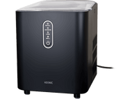 Machine à glaçons noire avec des boutons indiquant Plein de glace, Ajouter de l'eau, Grand et Petit. C'est un cube.