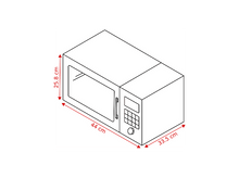Charger l'image dans la galerie, Un dessin au trait en noir et blanc d'un micro-ondes. Des mesures de 25,8 cm, 44 cm et 33,5 cm sont indiquées.
