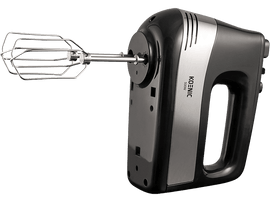 Mixeur plongeant noir et argent : KOENIG 500W. Un fouet est attaché à gauche.