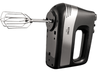 Mixeur plongeant noir et argent : KOENIG 500W. Un fouet est attaché à gauche.